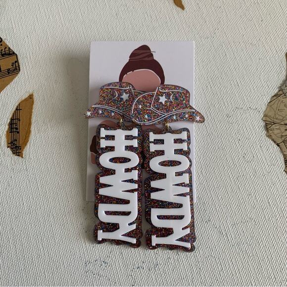 Disco Cowgirl Howdy Multicolor Glitter Charm Drop Festival Statement Earrings - Picture 2 of 6